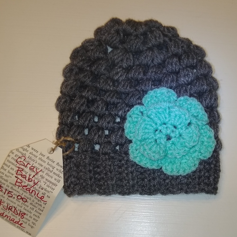 Gray baby beanie cap with turquoise flower